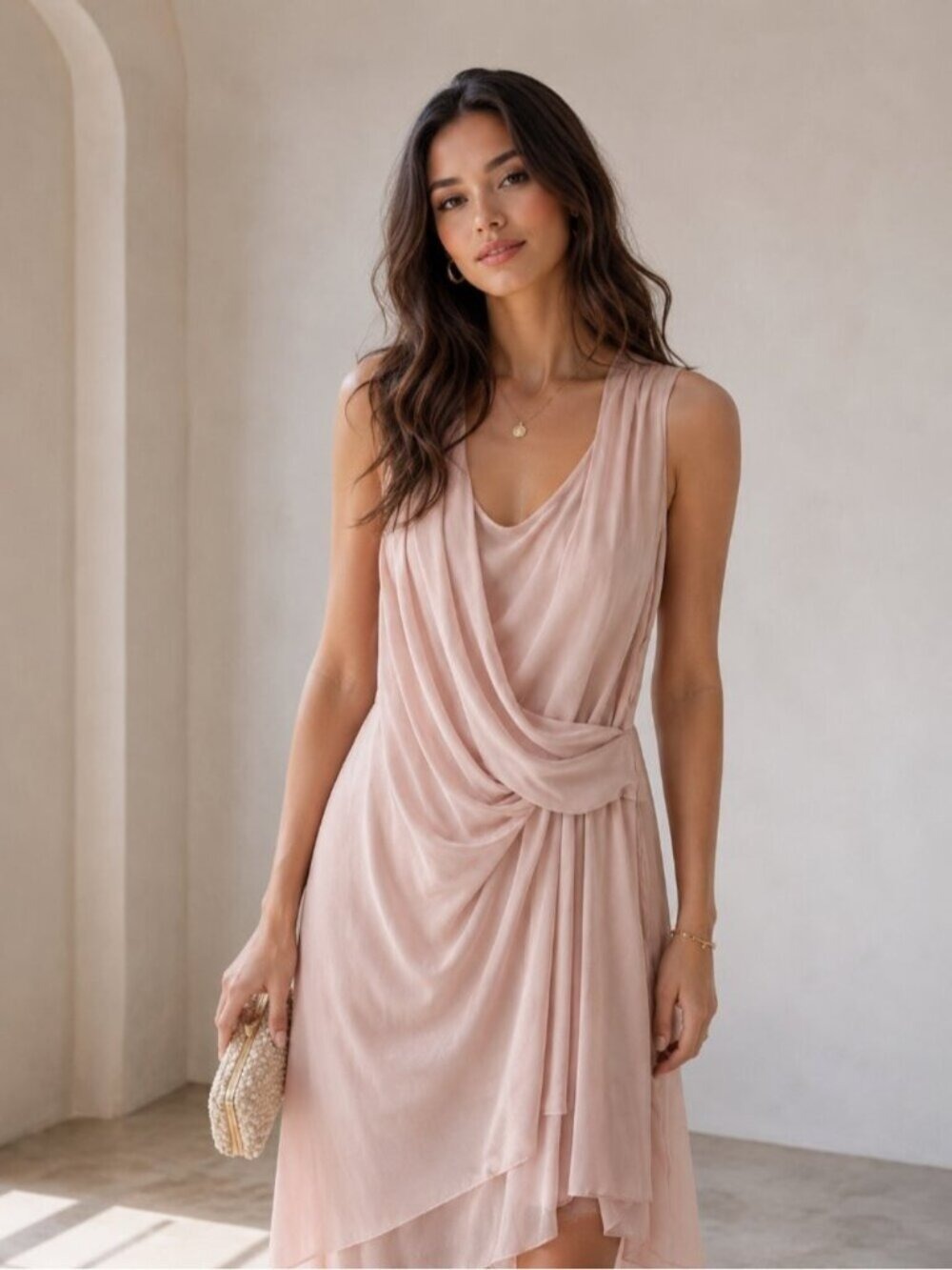 RUDSAK Mattie Dusty Rose Draped Midi Dress Sleeveless NWT Size L Wedding 0470